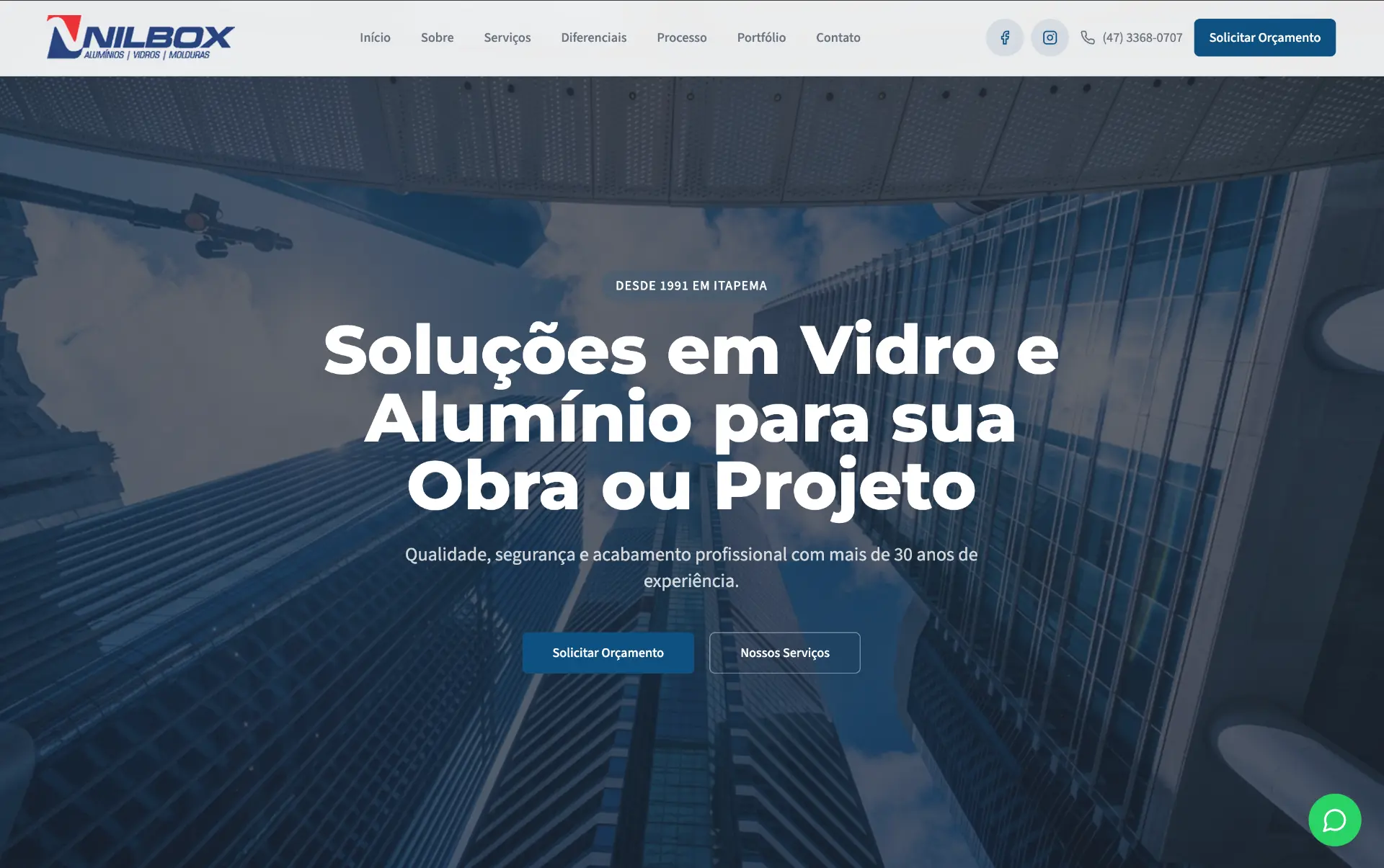 Capa do site Nilbox com edifícios de vidro e alumínio